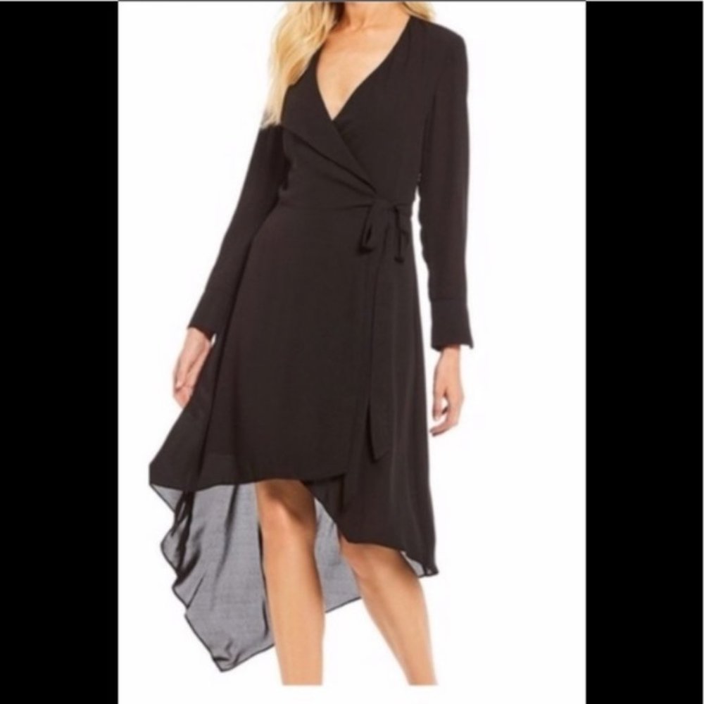 H by Halston Women's Plunge Neck Asymmetrical Black Wrap Dress SZ:Large NWT